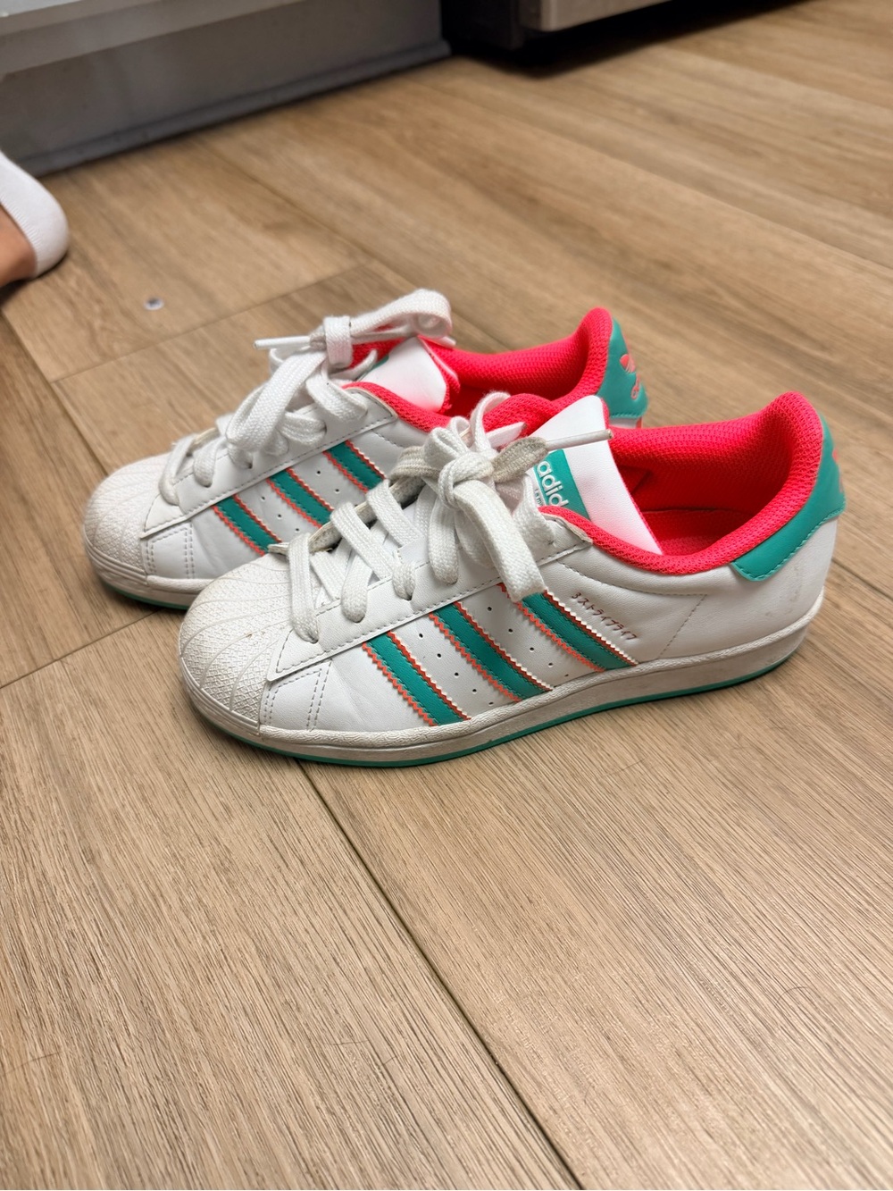 adidas Kids White Sneakers with Pink and Teal Accents